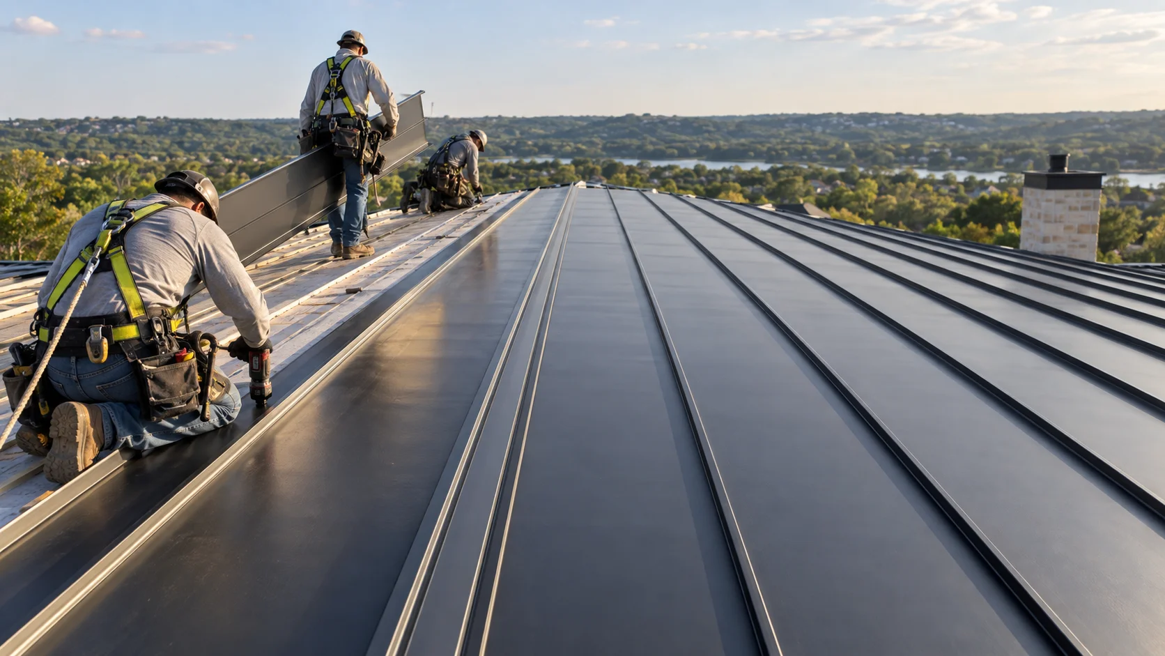 Workers fitting standing-seam metal roof panels